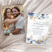 青エレガントと金ゴールドのフローラカップルの結婚写真 招待状