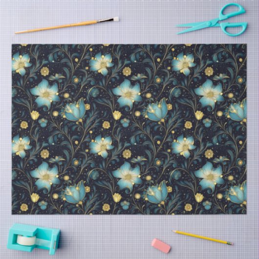 青エレガントと金ゴールドのフローラクリスマスデクページ 薄葉紙 (クラフト)