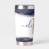 青エレガントと金ゴールドのブラシパーソナライズされたック 保温保冷タンブラー (正面)