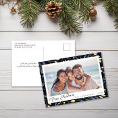 青エレガントと金ゴールドのヴィンテージ離れホリーフォト シーズンポストカード