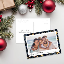 青エレガントと金ゴールドのヴィンテージ離れホリーフォト シーズンポストカード