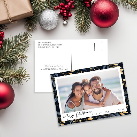 青エレガントと金ゴールドのヴィンテージ離れホリーフォト シーズンポストカード