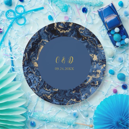 青エレガントと金ゴールドの大理石結婚の ペーパープレート (パーティー)