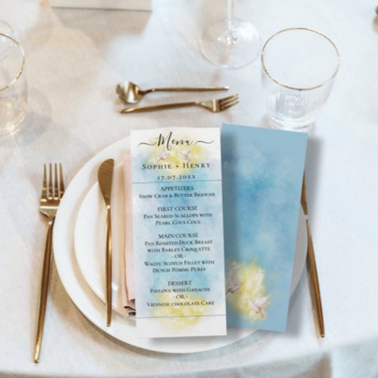 青エレガントと金ゴールドの結婚白い鳩メニューカード メニュー
