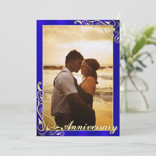 青エレガントと金ゴールドの記念撮影 招待状 (スタンド正面)