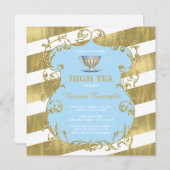 青エレガントと金ゴールドハイティー 招待状 (正面/裏面)