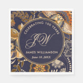 青エレガントと金ゴールドパターン100誕生日 スタンダードランチョンナプキン (正面)