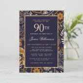 青エレガントと金ゴールドパターン90誕生日 招待状 (スタンド正面)