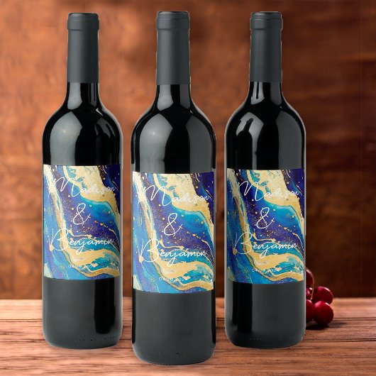 青エレガントと金ゴールドパーソナライズされたのワ結婚イン ワインラベル