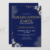 青エレガントと金ゴールド卒業 招待状 (正面/裏面)