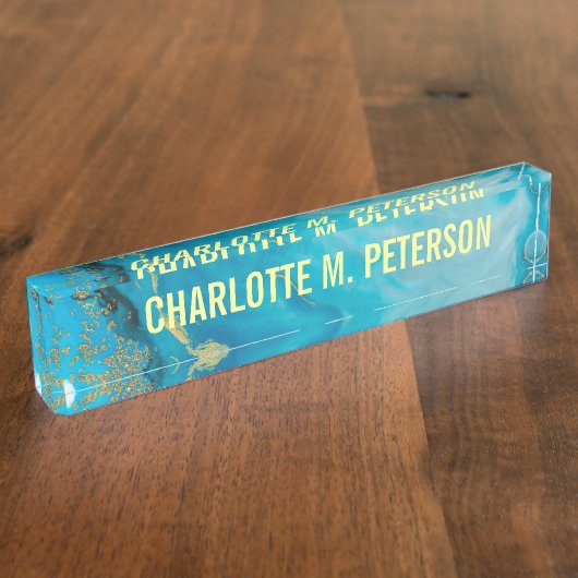 青エレガントと金ゴールド水色大理石 デスクネームプレート (側面)