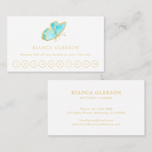 青エレガントと金ゴールド蝶モダン ロイヤリティカード (正面/裏面)