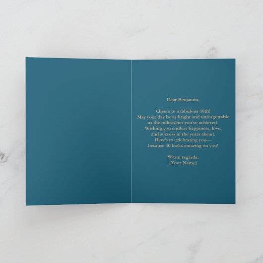 青エレガントと金ゴールド40歳の誕生日お祝い カード (内部)