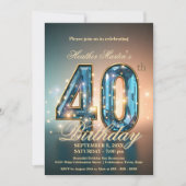 青エレガントと金ゴールド40歳の誕生日お祝い 招待状 (正面)