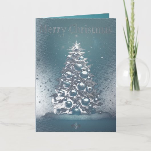 青エレガントと銀の冬のワンダーランド 箔グリーティングカード (正面)