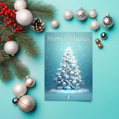 青エレガントと銀の冬のワンダーランド 箔グリーティングカード