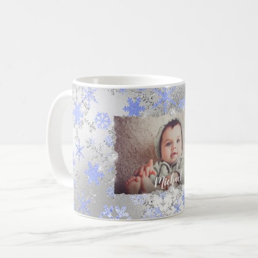 青エレガントと銀の雪のカスタム写真 コーヒーマグカップ (正面左)