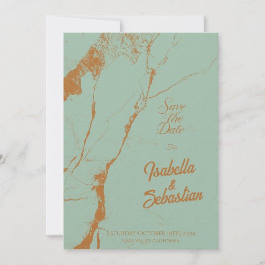 青エレガントと銅大理石の除草の日付を保存 招待状 (正面)