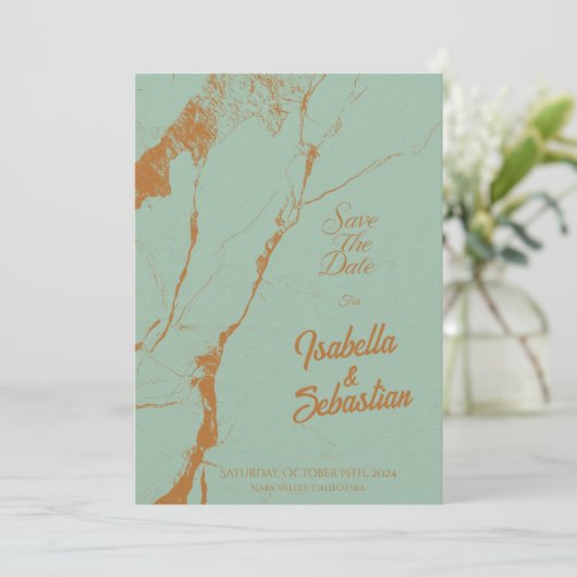 青エレガントと銅大理石の除草の日付を保存 招待状 (スタンド正面)