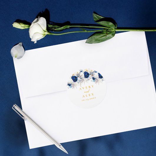 青エレガントと黄のフローラ結婚 ラウンドシール