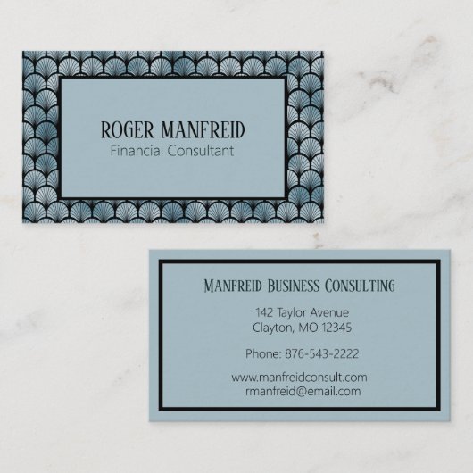 青エレガントと黒のアールデコ名刺 名刺 (正面/裏面)