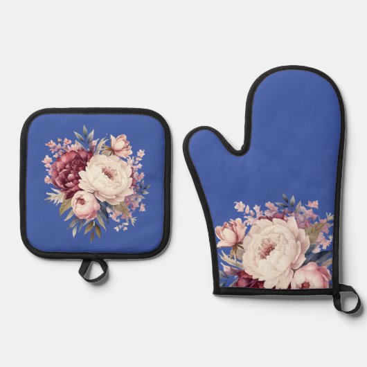 青エレガントのクリーメ牡丹 鍋つかみ&鍋敷きセット (正面)