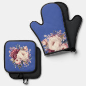 青エレガントのクリーメ牡丹 鍋つかみ&鍋敷きセット (正面/裏面)