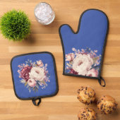 青エレガントのクリーメ牡丹 鍋つかみ&鍋敷きセット (トップダウン)