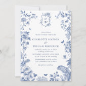 青エレガントのフランスの庭園の結婚式 招待状 (正面)