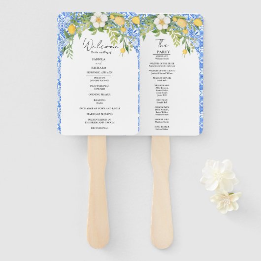 青エレガントの地中海の結婚式 プログラム ハンドファン (正面&裏面)