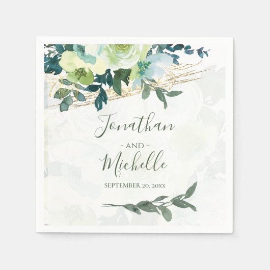 青エレガントアイボリー金ゴールドターコイズフローラ結婚の スタンダードカクテルナプキン (正面)