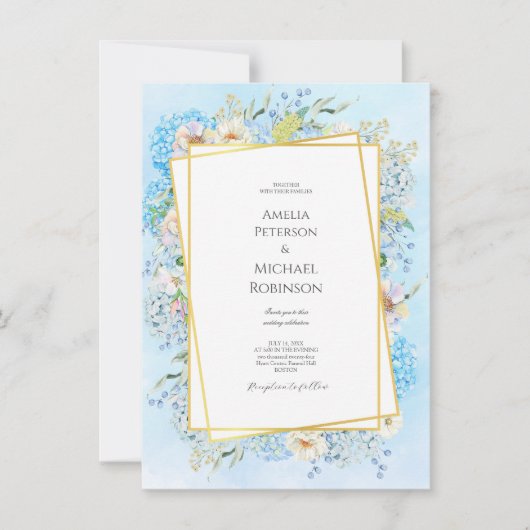 青エレガントアジサイ結婚ズ 招待状 (正面)