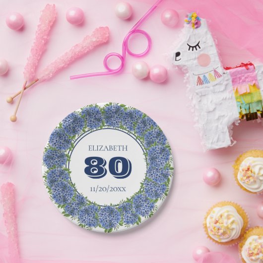 青エレガントアジサイ80th誕生日パーティー ペーパープレート (パーティー)