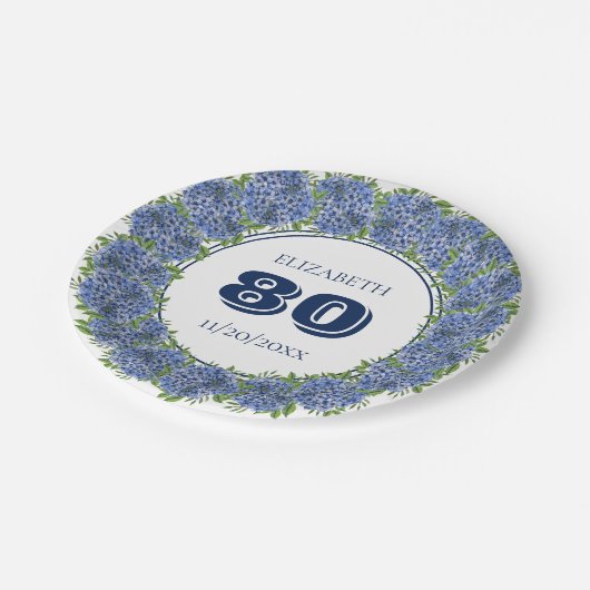 青エレガントアジサイ80th誕生日パーティー ペーパープレート (アングル)