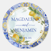 青エレガントイタリアンタイル結婚レモン ラウンドシール (正面)
