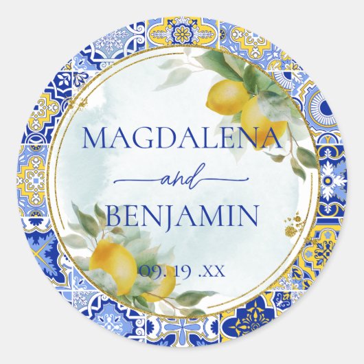 青エレガントイタリアンタイル結婚レモン ラウンドシール (正面)