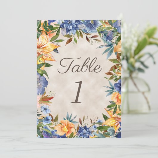 青エレガントオレンジ色のフローラ結婚のテーブル (スタンド正面)