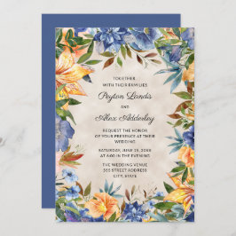 青エレガントオレンジ色の水の色のフローラ結婚の 招待状