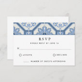 青エレガントギリシャ結婚タイル 出欠カード (正面/裏面)