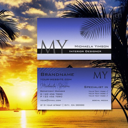 青エレガントグラデーションと椰子の葉（モノグラム） 名刺