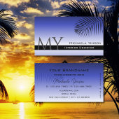 青エレガントグラデーション椰子の葉モノグラムシンプル 名刺