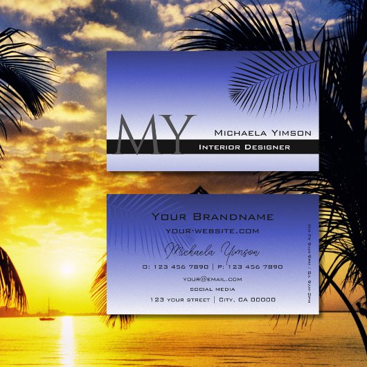 青エレガントグラデーション椰子の葉モノグラムシンプル 名刺