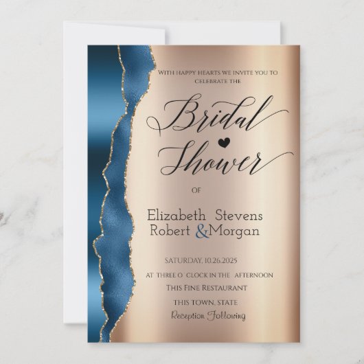 青エレガントグリッタースクリプトブライダルシャワー 招待状 (正面)