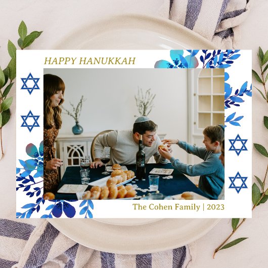 青エレガントシンプルハヌカー家族写真 シーズンカード