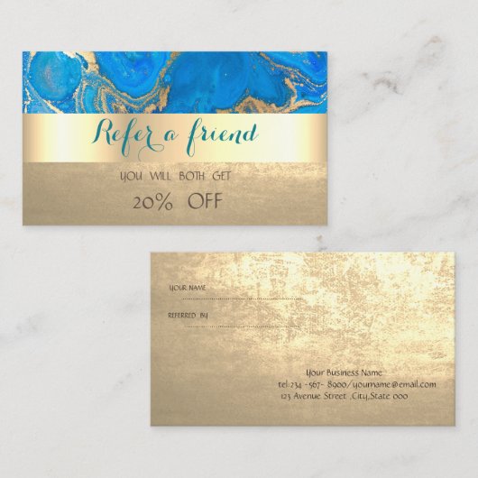 青エレガントスタイリッシュ金ゴールド大理石の紹介カード 紹介カード (正面/裏面)