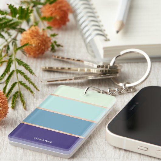 青エレガントストライプの名の女性 キーホルダー (正面右)