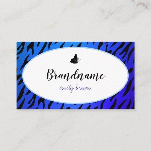 青エレガントゼブラパターンかわいらし蝶シック 名刺 (正面)