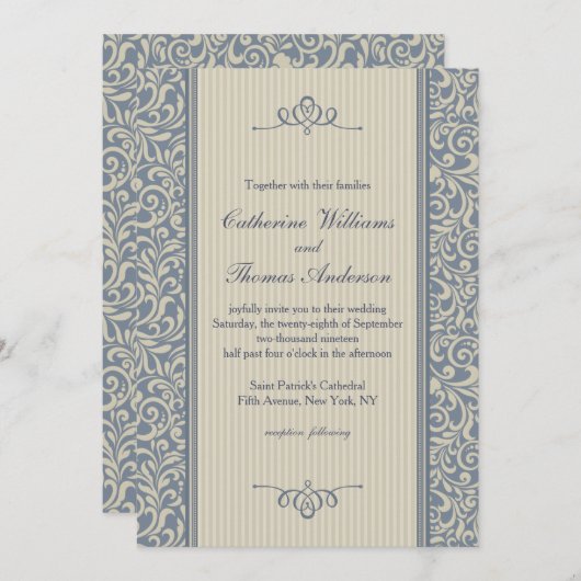 青エレガントダマスクパターン結婚式招待状 招待状 (正面/裏面)