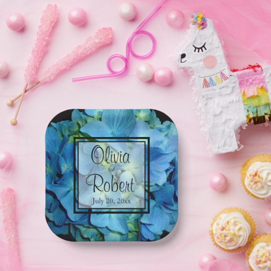 青エレガントティール（緑がかった色）フローラアジサイ青バラ ペーパープレート (パーティー)