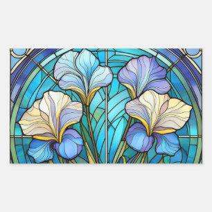 青エレガントティール(緑がかった色)フローラアールヌーボーステンドグラス 長方形シール